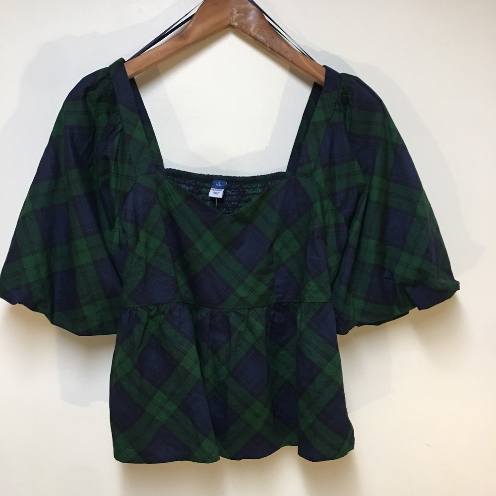 Old Navy Plaid Puff Sleeve Blouse Women‎ Small Tall Green Navy Peplum Top